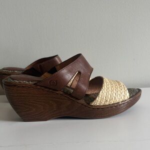 Born Brown Leather Wedge Sandals Raffia Slide Comfort Boho Size 10